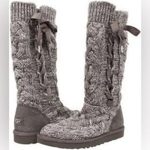 UGG Mahalya Ribbon Tie Heathered Gray Knit Boots